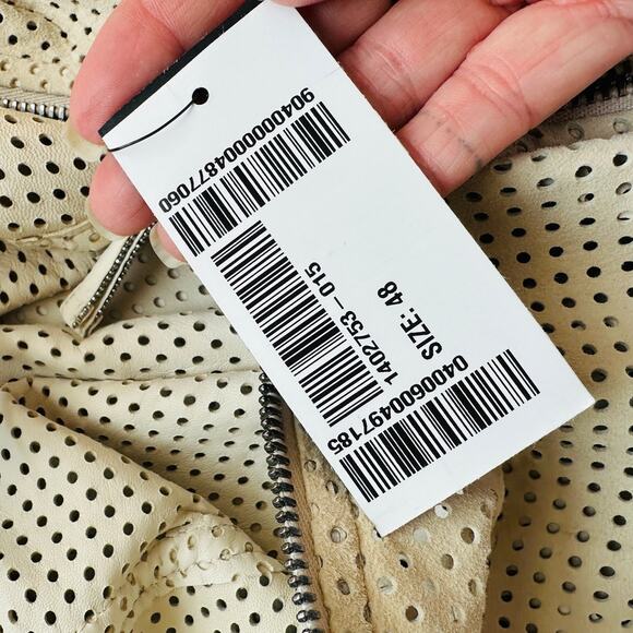 NWT Brunello Cucinelli Tan Cream Laser Cut 100% Leather Bomber Jacket 48 / XL - Picture 11 of 16